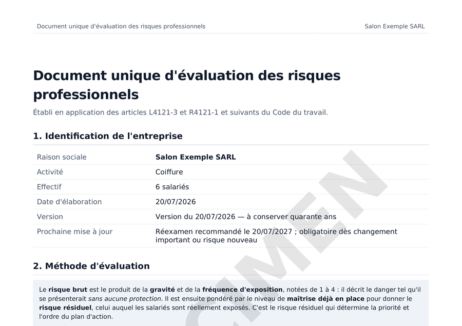 Première page d'un document unique DUERP Conforme, filigrané spécimen