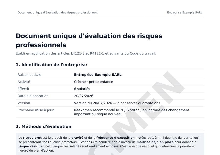 Aperçu d'un document unique DUERP Conforme généré pour crèche · petite enfance, avec unités de travail et plan d'action
