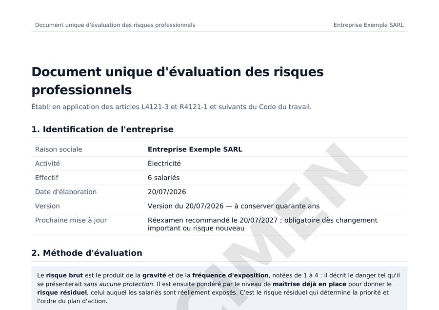 Aperçu d'un document unique DUERP Conforme généré pour électricité, avec unités de travail et plan d'action