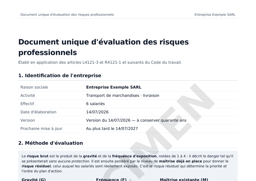 Première page d'un document unique DUERP Conforme pour transport de marchandises · livraison, filigrané spécimen